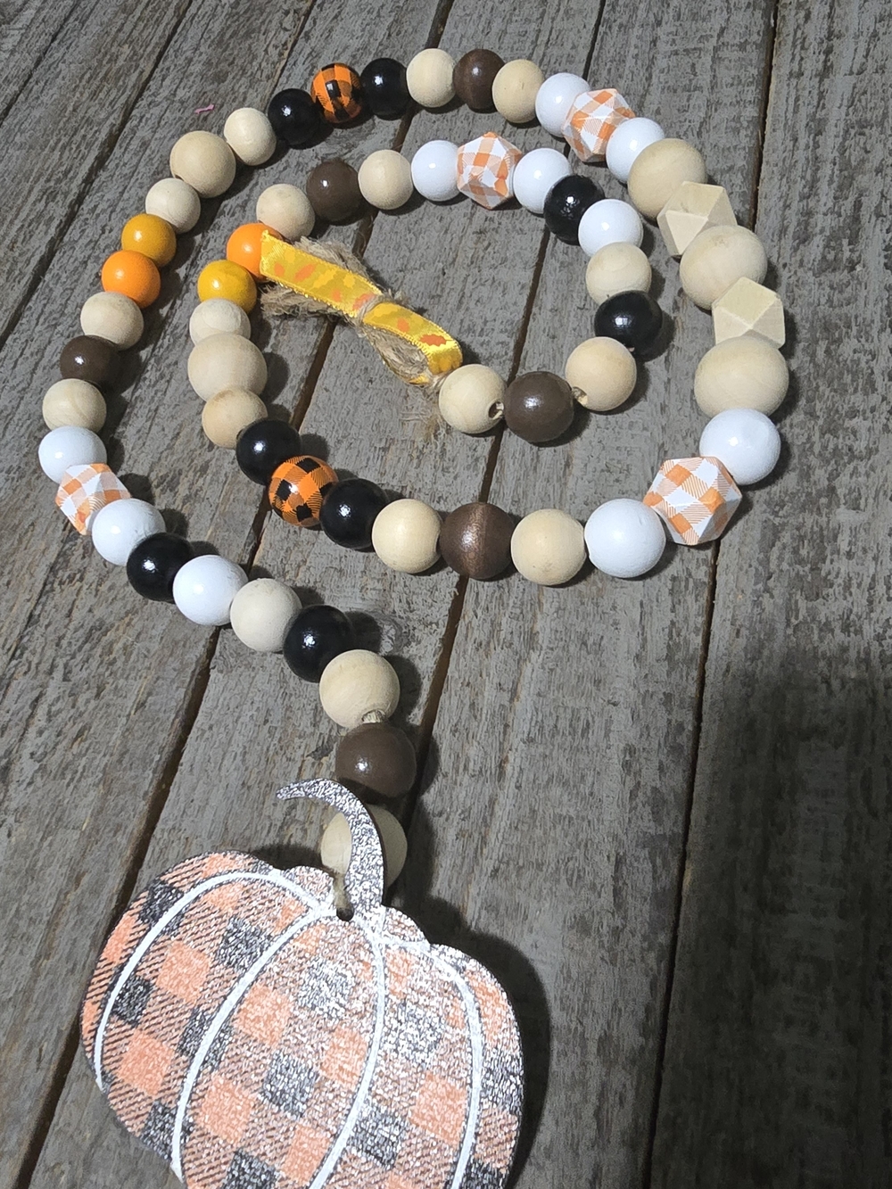 Wood Beaded Pumpkin Garland- Orange, White, Brown -Homemade 41 Inches